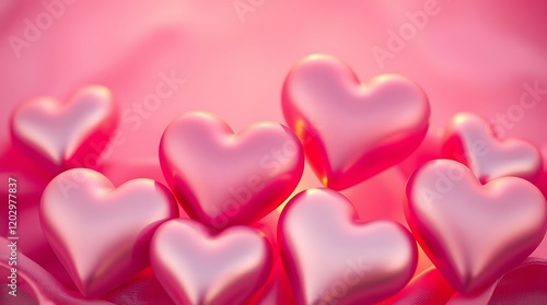 Valentine's Day. Holiday abstract pink Valentine background with satin hearts. Love concept