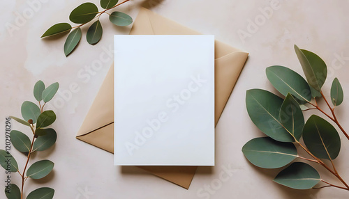 White blank invitation card mockup on the beige table. 5x7 ratio, similar to A6, A5