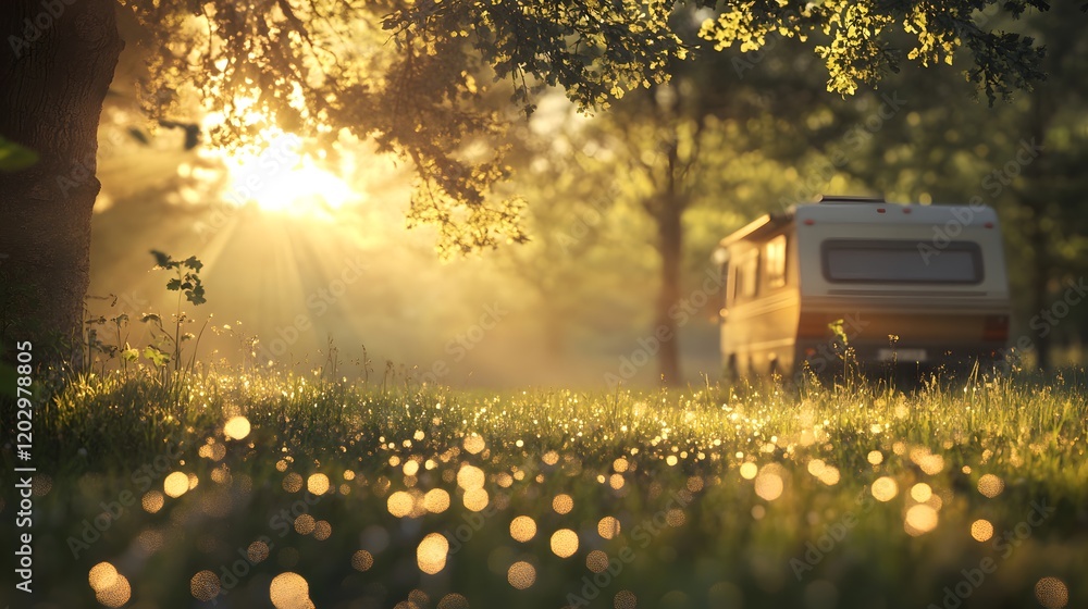 Campervan parked in a sunlit forest meadow Campervan parked in a sunlit forest meadow