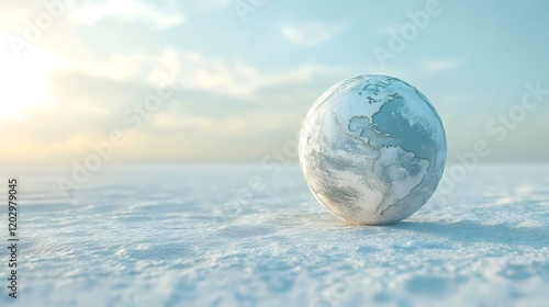 Fototapeta Naklejka Na Ścianę i Meble -  Frozen Earth globe on snowy landscape, sunset backdrop; climate change concept