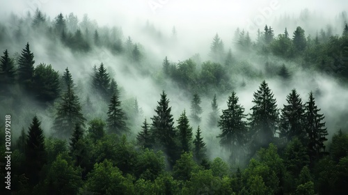 Winter scene showing a dense forest of tall pine trees shrouded in mist, creating an ethereal, cold, and mystical atmosphere