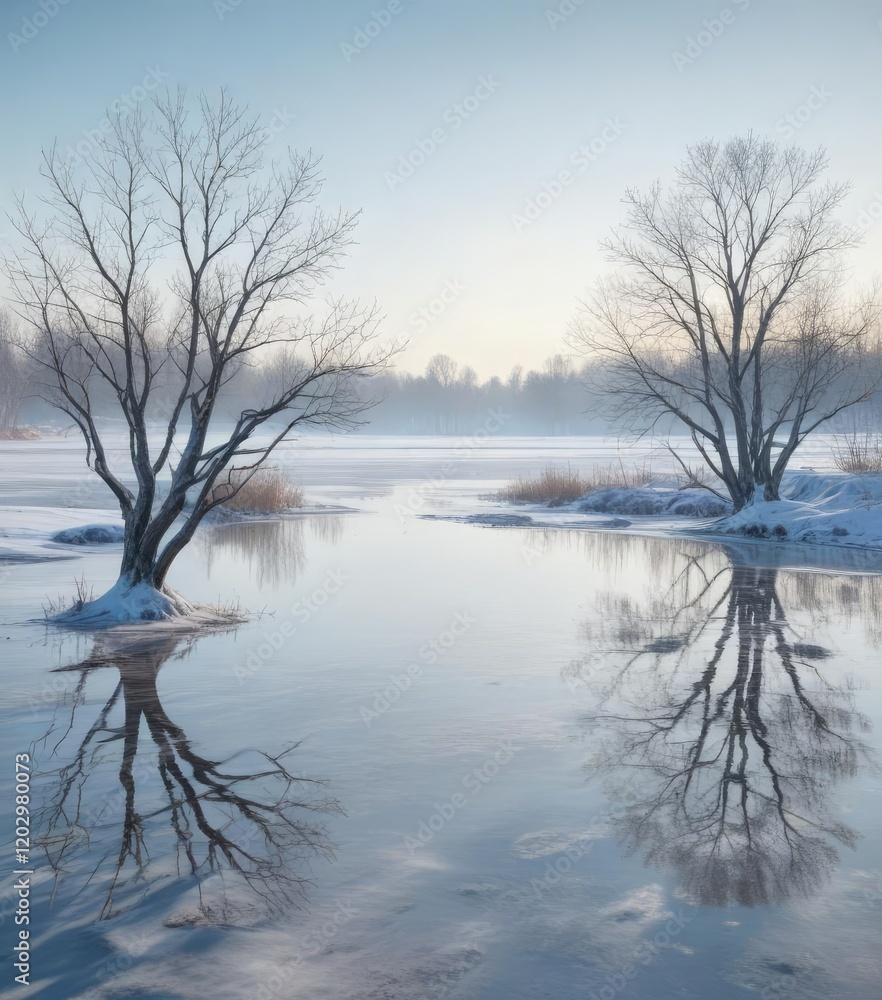 bare trees against pale blue sky on frozen lake, frosty atmosphere, serene environment bare trees against pale blue sky on frozen lake, frosty atmosphere, serene environment