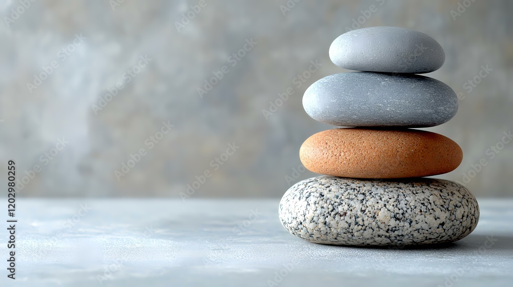 Stacked stones on grey background, zen garden, meditation, balance concept, wellness Stacked stones on grey background, zen garden, meditation, balance concept, wellness
