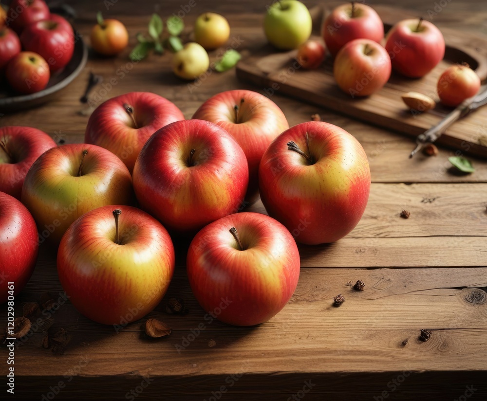 Baked apples arranged artfully on a wooden table , warm, baked apples, dessert Baked apples arranged artfully on a wooden table , warm, baked apples, dessert