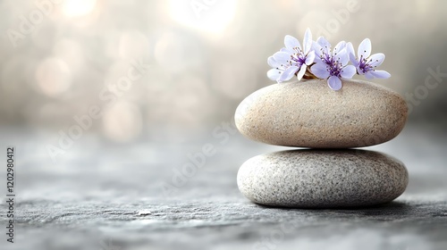 Tranquil spa stones with blossoms, zen garden background, wellness concept