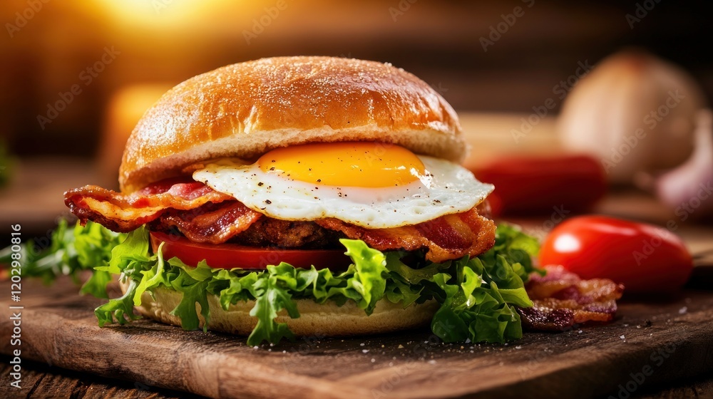 Delicious Bacon Egg Burger on Wooden Board Delicious Bacon Egg Burger on Wooden Board