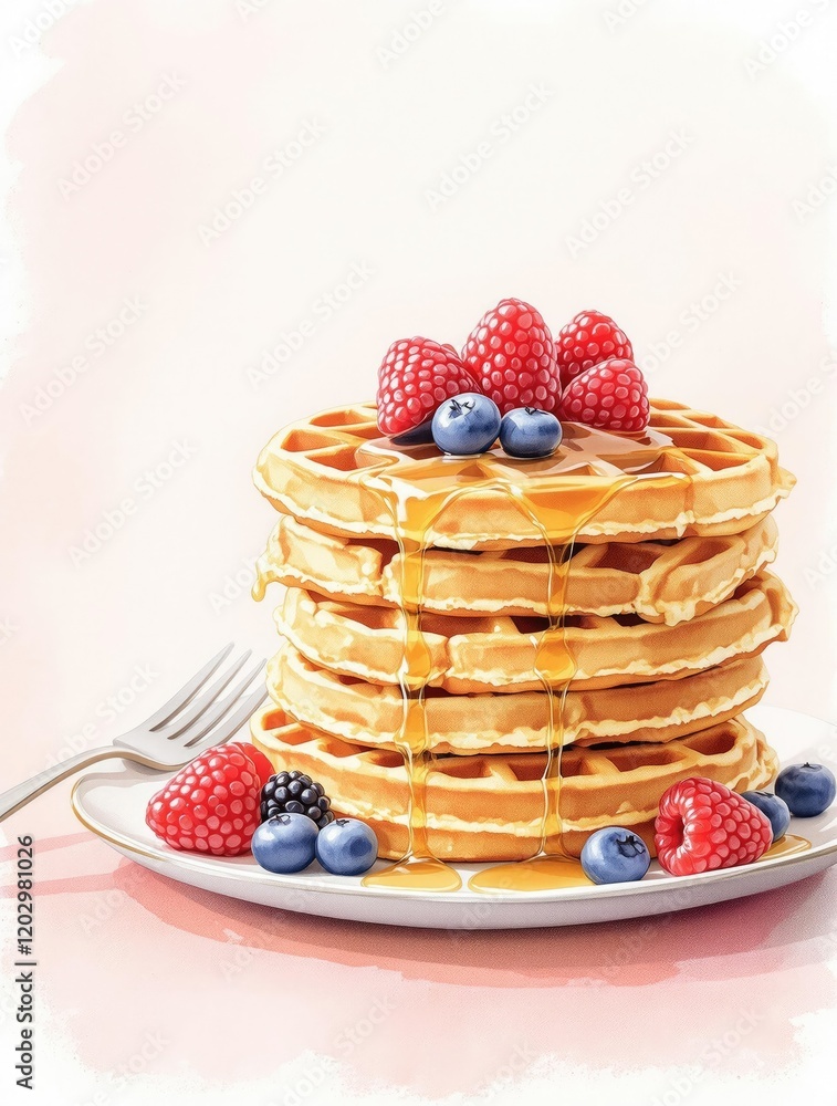 custom made wallpaper toronto digitalArtistic watercolor depiction of viennese berry waffles, perfect for food-related designs, culinary creations, breakfast fare, berry compote, sweet delight