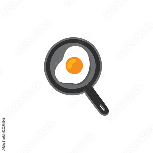 Fried egg on frying icon. Cartoon pan emoji illustration. 