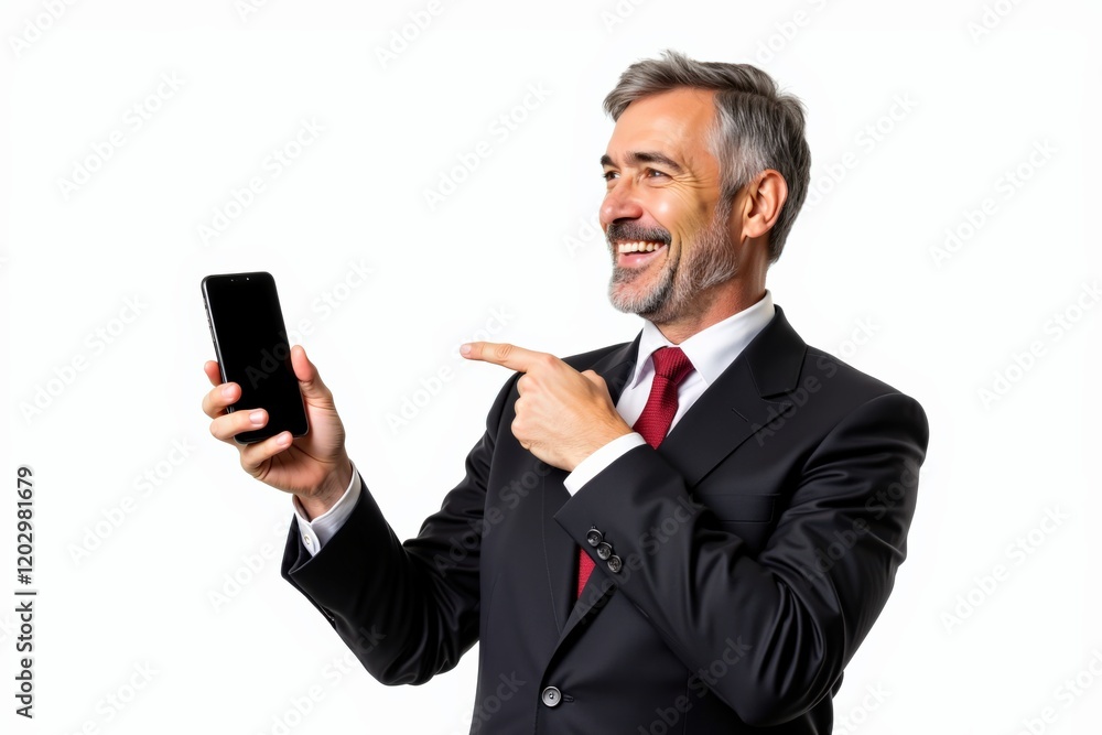 Confident Businessman in Suit Holding Smartphone and Pointing at Screen with a Friendly Smile, Isolated on White for Corporate Marketing Confident Businessman in Suit Holding Smartphone and Pointing at Screen with a Friendly Smile, Isolated on White for Corporate Marketing