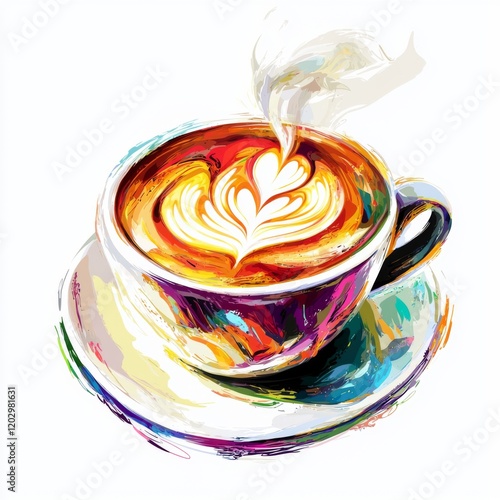 Colorful Artistic Coffee Cup with Heart-Shaped Latte Art and Steam Rising in a Vibrant Display of Colors photo