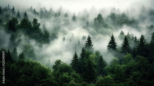 Winter scene showing a dense forest of tall pine trees shrouded in mist, creating an ethereal, cold, and mystical atmosphere