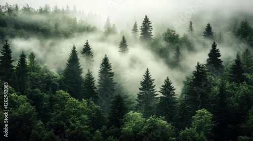 Winter scene showing a dense forest of tall pine trees shrouded in mist, creating an ethereal, cold, and mystical atmosphere
