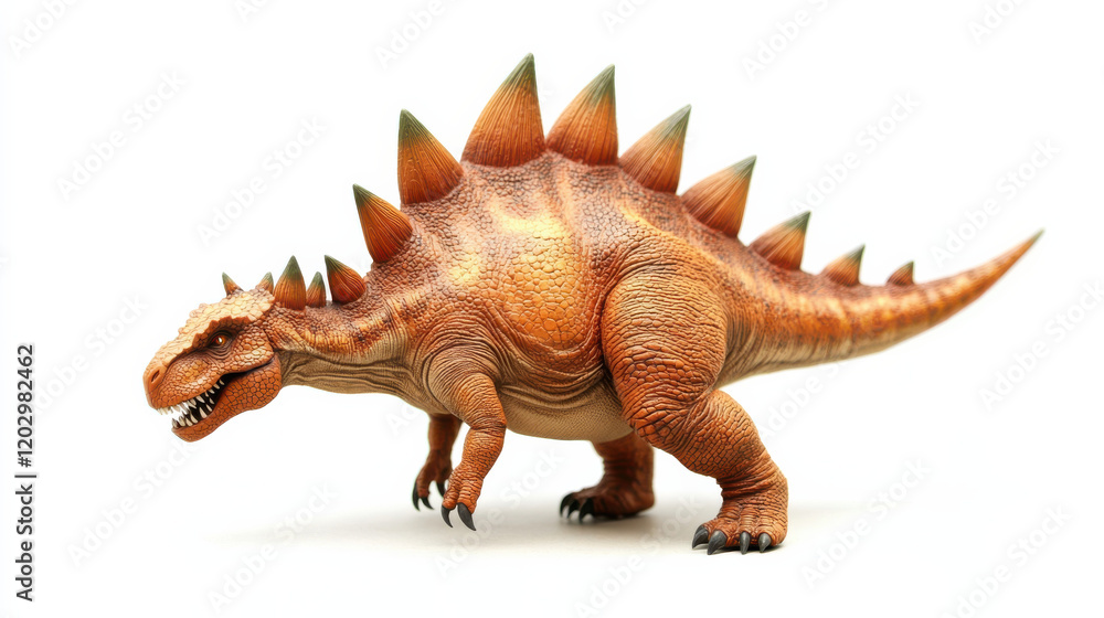 A fierce Stegosaurus in a grazing position, rich brown and green scales, dynamic angled perspective A fierce Stegosaurus in a grazing position, rich brown and green scales, dynamic angled perspective