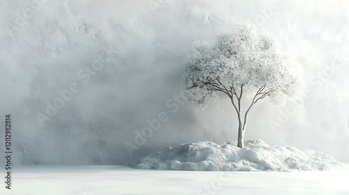 Snowy tree winter scene, minimalist studio backdrop, calm, white wall