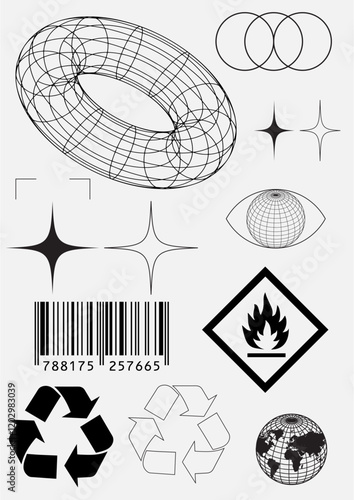 Set of streetwear retro techno icon black element