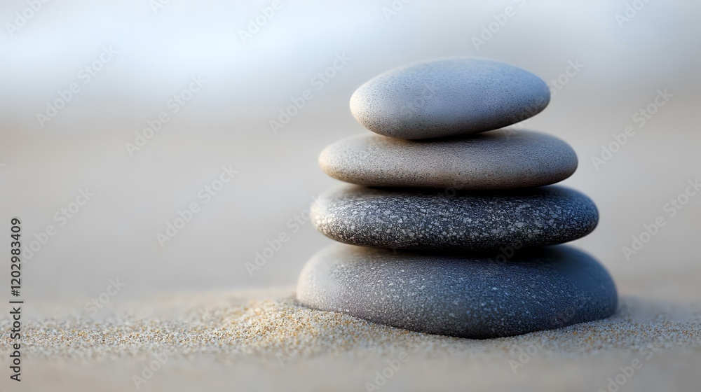 Balanced stones on beach sand, serene coastal scene, meditation, tranquility Balanced stones on beach sand, serene coastal scene, meditation, tranquility
