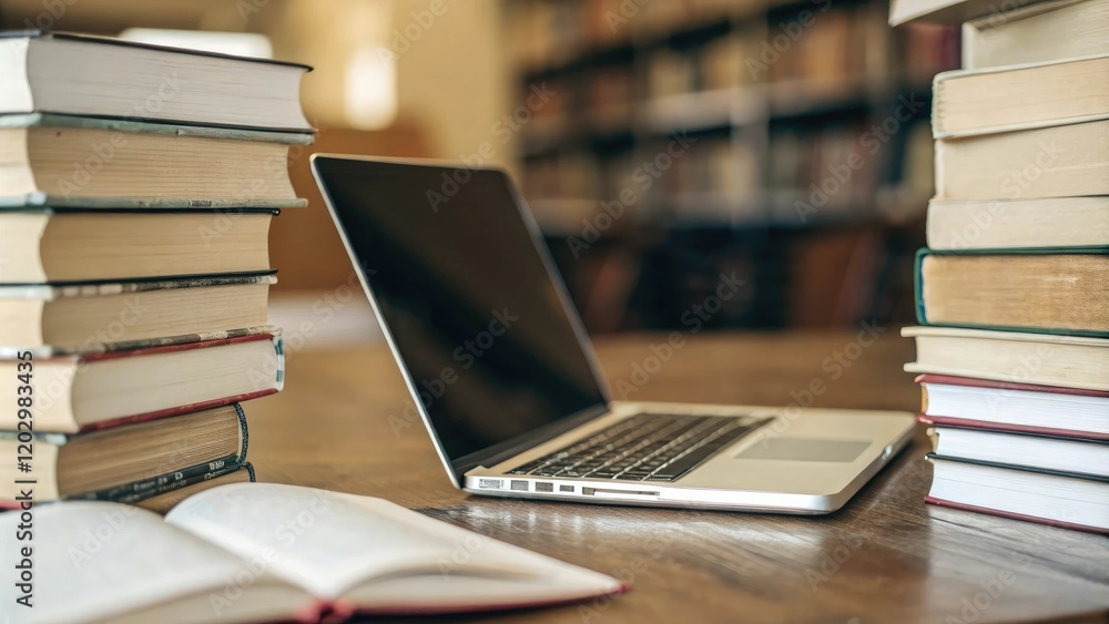 Close-up of laptop open on wooden table surrounded by towering stacks of books, close up, workspace setup, computer screen Close-up of laptop open on wooden table surrounded by towering stacks of books, close up, workspace setup, computer screen