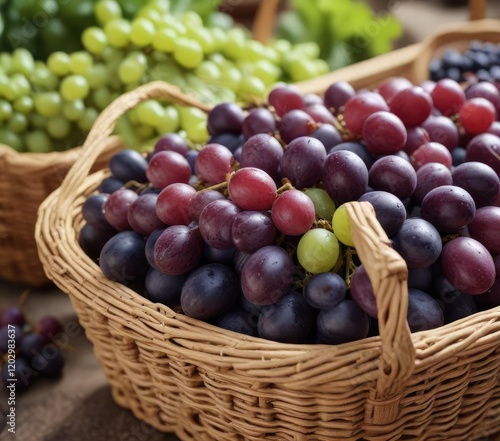 Close-up of different grape varieties in wicker basket at local market, organic produce, shopping, grocery shopping, farmer's market