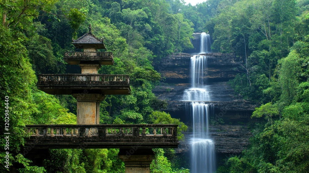 Fototapeta premium Lush Waterfall in Tropical Forest