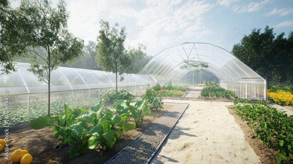 Modern Greenhouse With Automated Irrigation System Growing Vegetables Modern Greenhouse With Automated Irrigation System Growing Vegetables
