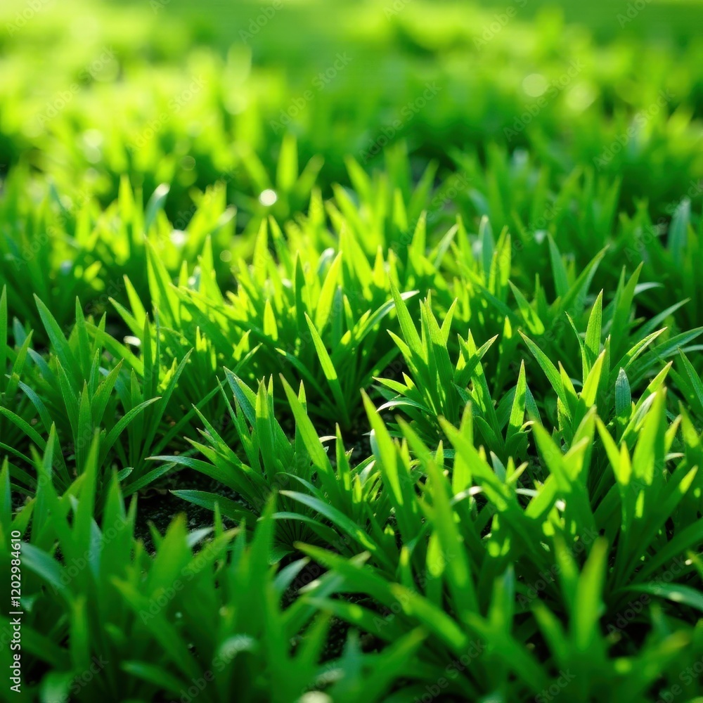 Fototapeta premium Deep green grass carpet, sunlight dappled shadows , sunlit, scenic