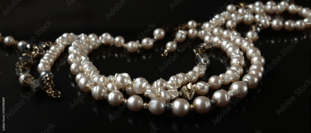 Classy pearl strand necklace on black background, elegance, stylish, femininity, classic fashion, refined Classy pearl strand necklace on black background, elegance, stylish, femininity, classic fashion, refined
