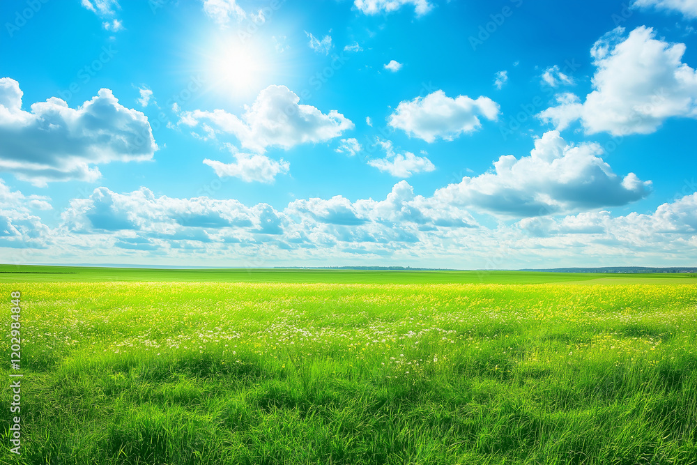 Green meadow with blooming yellow flowers under cloudy blue sky on sunny summer day Green meadow with blooming yellow flowers under cloudy blue sky on sunny summer day