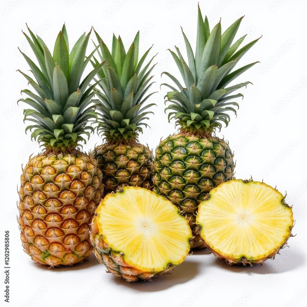 Four pineapples, two cut in half, on white background Four pineapples, two cut in half, on white background