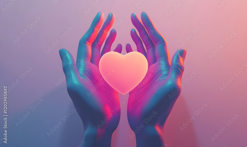 Glowing heart held in hands, neon light. Glowing heart held in hands, neon light.