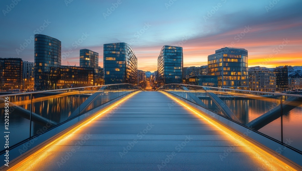 Obraz premium Modern Architectural Bridge at Dusk with Reflections on Water Surrounded by Contemporary Buildings and a Scenic Sunset Sky in an Urban Cityscape