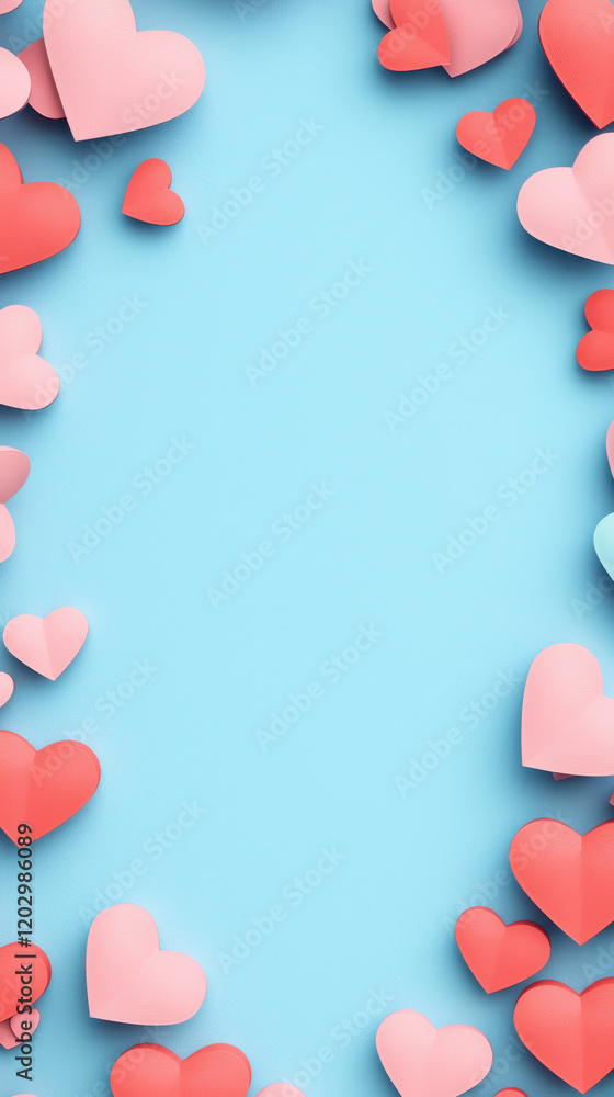 Pastel pink and red paper hearts scattered on blue background, creating romantic and cheerful frame Pastel pink and red paper hearts scattered on blue background, creating romantic and cheerful frame