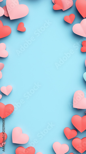 Pastel pink and red paper hearts scattered on blue background, creating romantic and cheerful frame