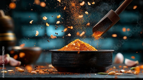 Spice Explosion in a Rustic Kitchen Vibrant Seasoning Being Added to a Dish photo