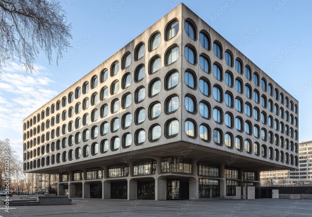 Obraz premium Modern architectural building with unique rounded window design, showcasing a contemporary style in urban environment under clear blue sky