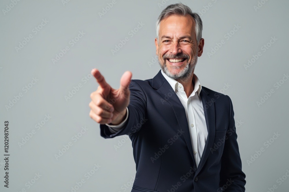 Confident Middle-Aged Businessman Pointing Forward with a Smile, Representing Professionalism, Positivity, and Leadership in a Studio Setting Confident Middle-Aged Businessman Pointing Forward with a Smile, Representing Professionalism, Positivity, and Leadership in a Studio Setting