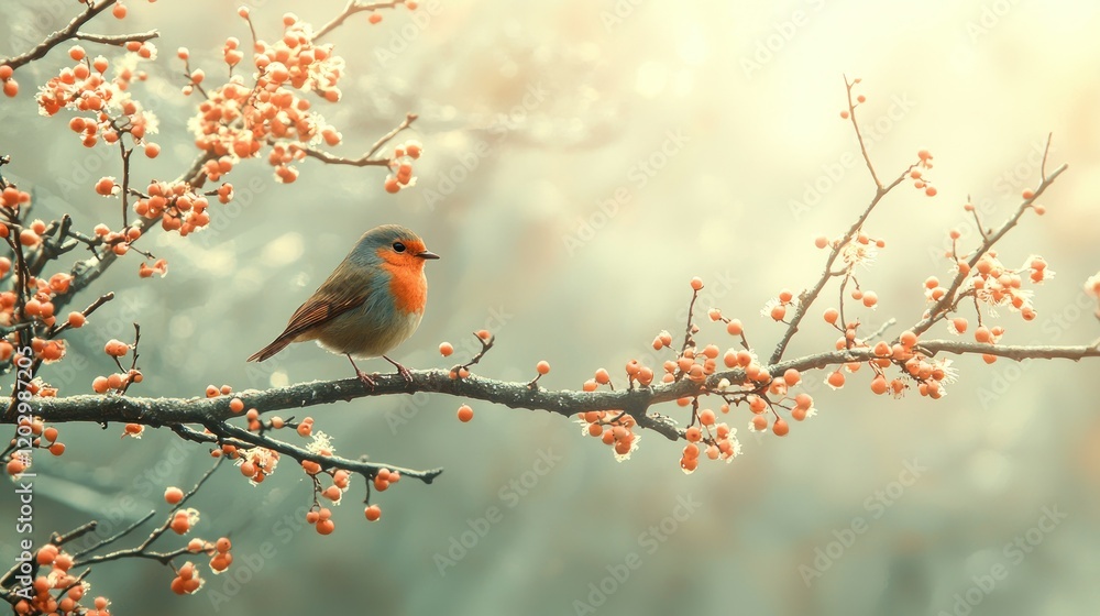 Robin perched on berry branch in misty winter sunrise Robin perched on berry branch in misty winter sunrise