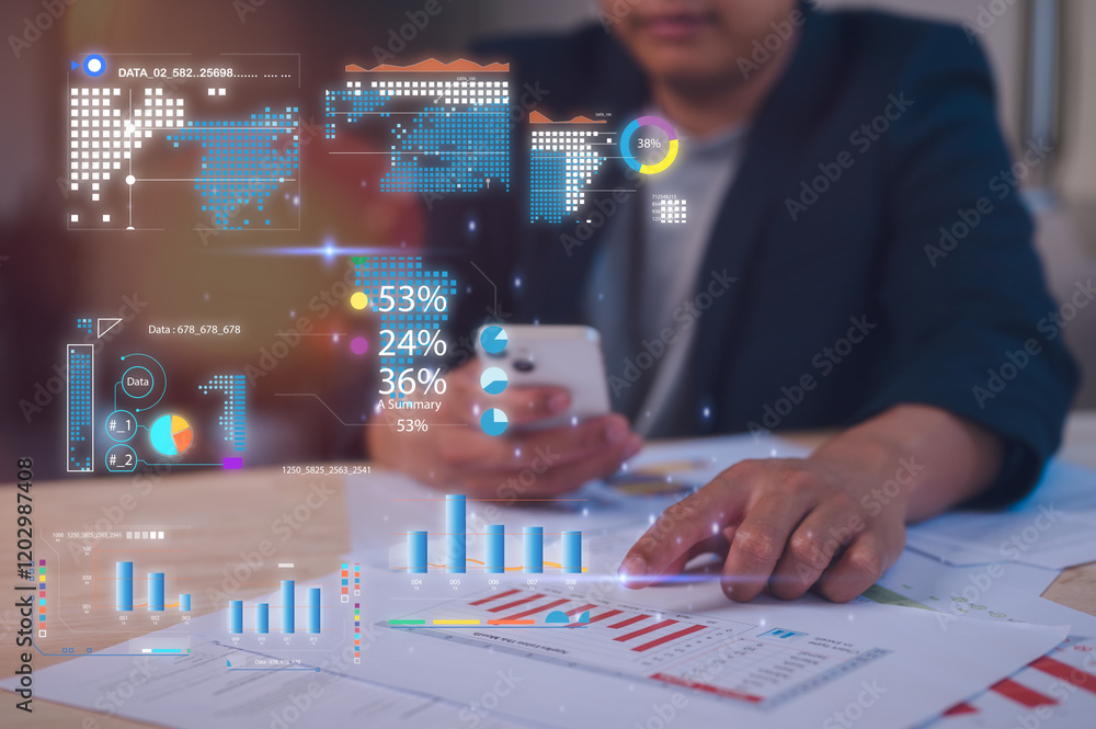 A businessman points finger at document data charts. Business hologram. Successful business and efficiency concept Paperwork and hands on a board room table at a business presentation or seminar A businessman points finger at document data charts. Business hologram. Successful business and efficiency concept Paperwork and hands on a board room table at a business presentation or seminar