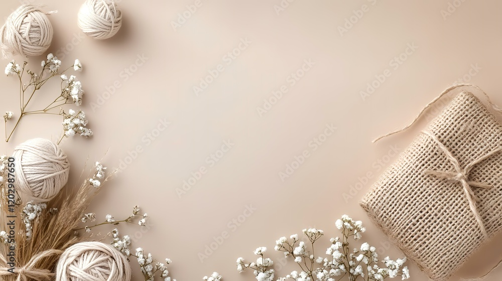 Naklejka premium Beige background, yarn balls, gift, flowers, wheat; craft, DIY project, blog header
