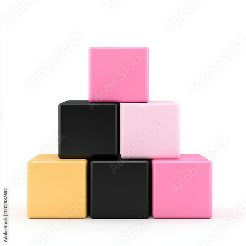Colorful 3D cubes stacked in pyramid arrangement, featuring pink, black, yellow, and white tones