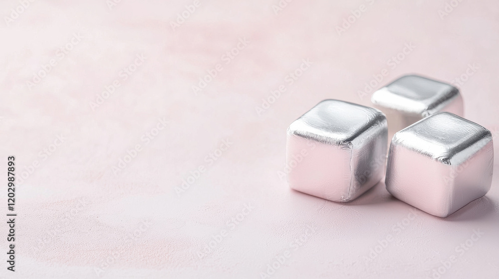 Silver metallic cubes on soft pink background, creating minimalist and reflective composition