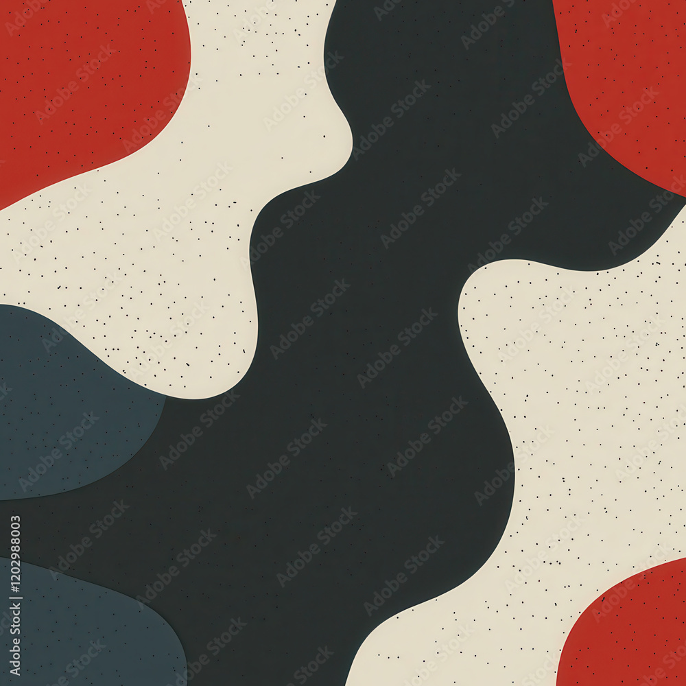 Abstract fluid shapes in red, black, and beige create bold, modern design with speckled texture Abstract fluid shapes in red, black, and beige create bold, modern design with speckled texture