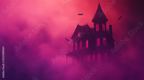 Halloween Background with Spooky Haunted House, Fog, and Bats in Dark Eerie Color Scheme for a Touch of Mystery and Fun photo