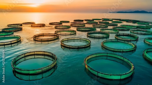Sunset coastal fish farm aquaculture ocean sunrise