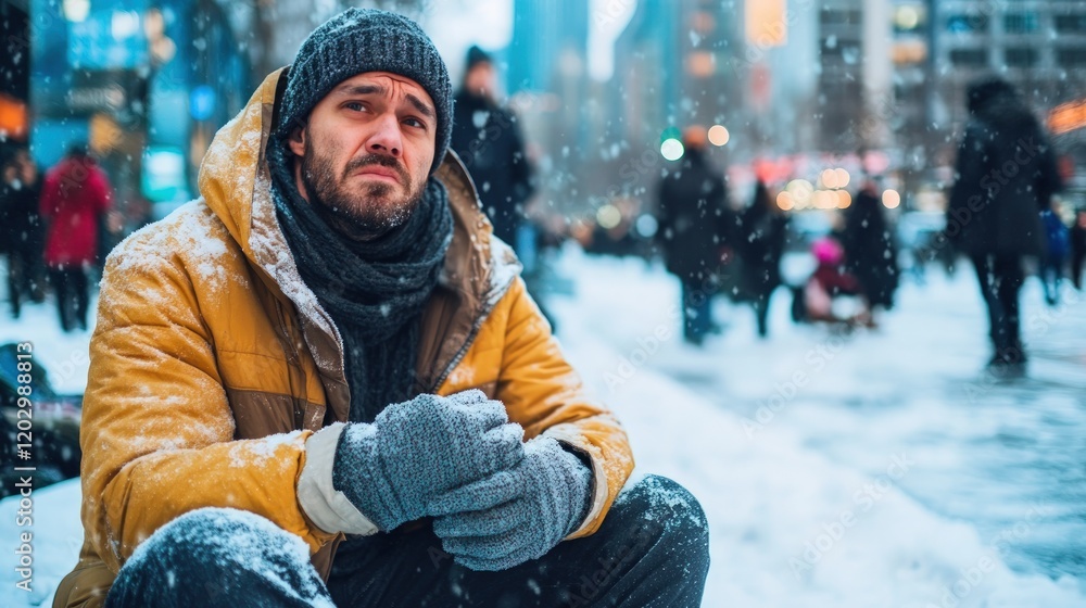 A Lonely Man Shivering in the Winter Cold of a Busy City A Lonely Man Shivering in the Winter Cold of a Busy City