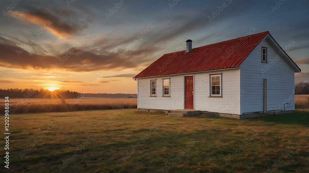 A Fantastic Serene Countryside Sunset with Rustic Houses. A Fantastic Serene Countryside Sunset with Rustic Houses.