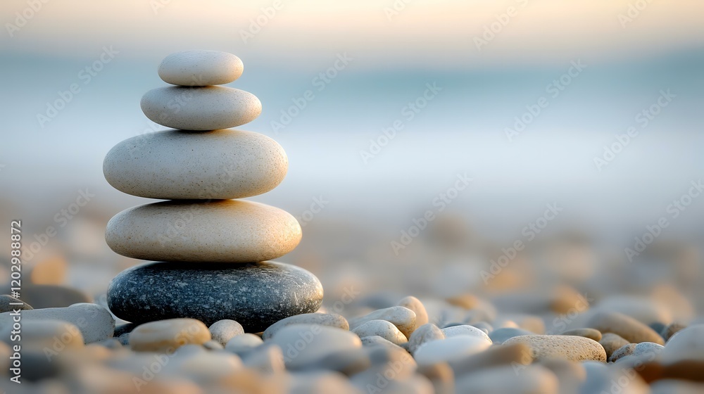 Balanced stones, beach sunset, zen, calmness, ocean backdrop, meditation Balanced stones, beach sunset, zen, calmness, ocean backdrop, meditation