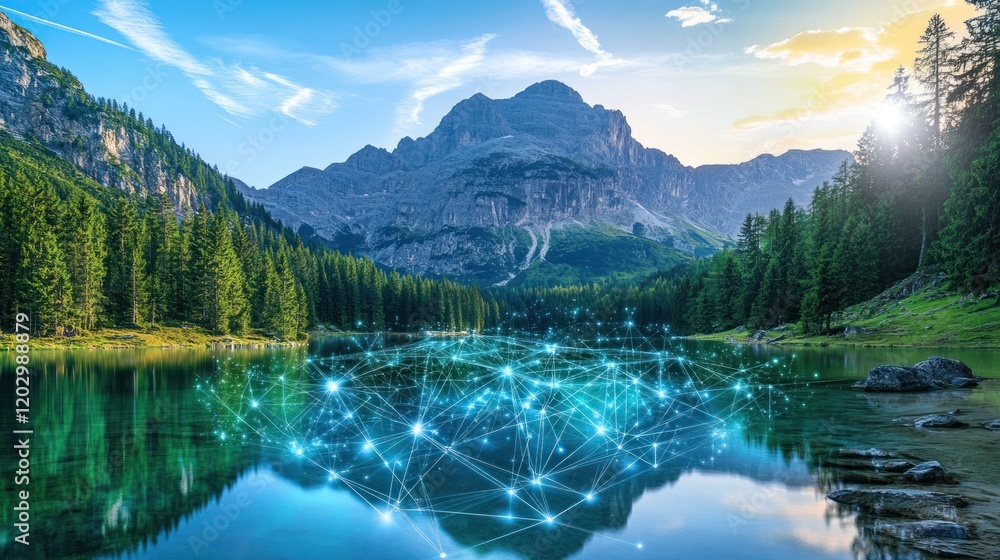 Serene Mountain Lake Reflecting Digital Network Connections Serene Mountain Lake Reflecting Digital Network Connections