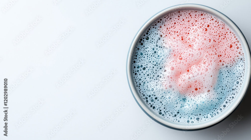 bowl filled with colorful soap suds in red, blue, and white hues on clean white background bowl filled with colorful soap suds in red, blue, and white hues on clean white background