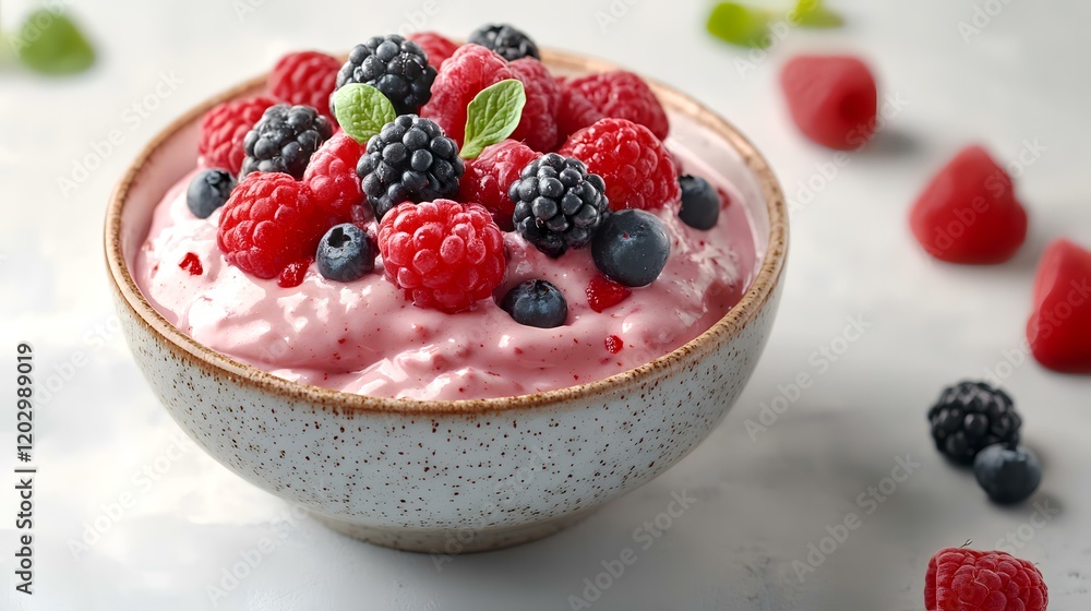 Pink yogurt, berries, dessert bowl, marble background, healthy breakfast Pink yogurt, berries, dessert bowl, marble background, healthy breakfast