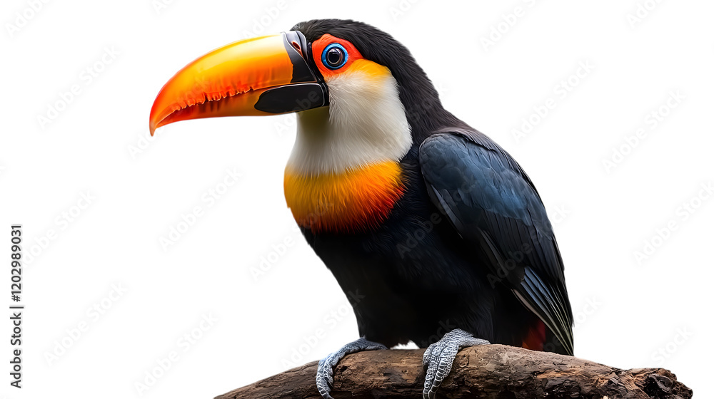 Fototapeta premium A colorful toucan perched with its large beak prominently displayed, occupying 55 percent of the picture with intricate feather details on a transparent background 